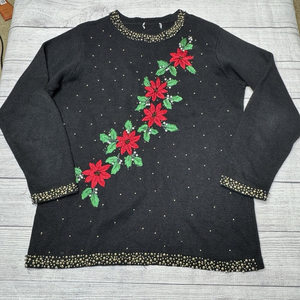 Vintage Victoria Jones Holiday Christmas Sweater Black Beaded Embroidered Floral - Picture 1 of 3